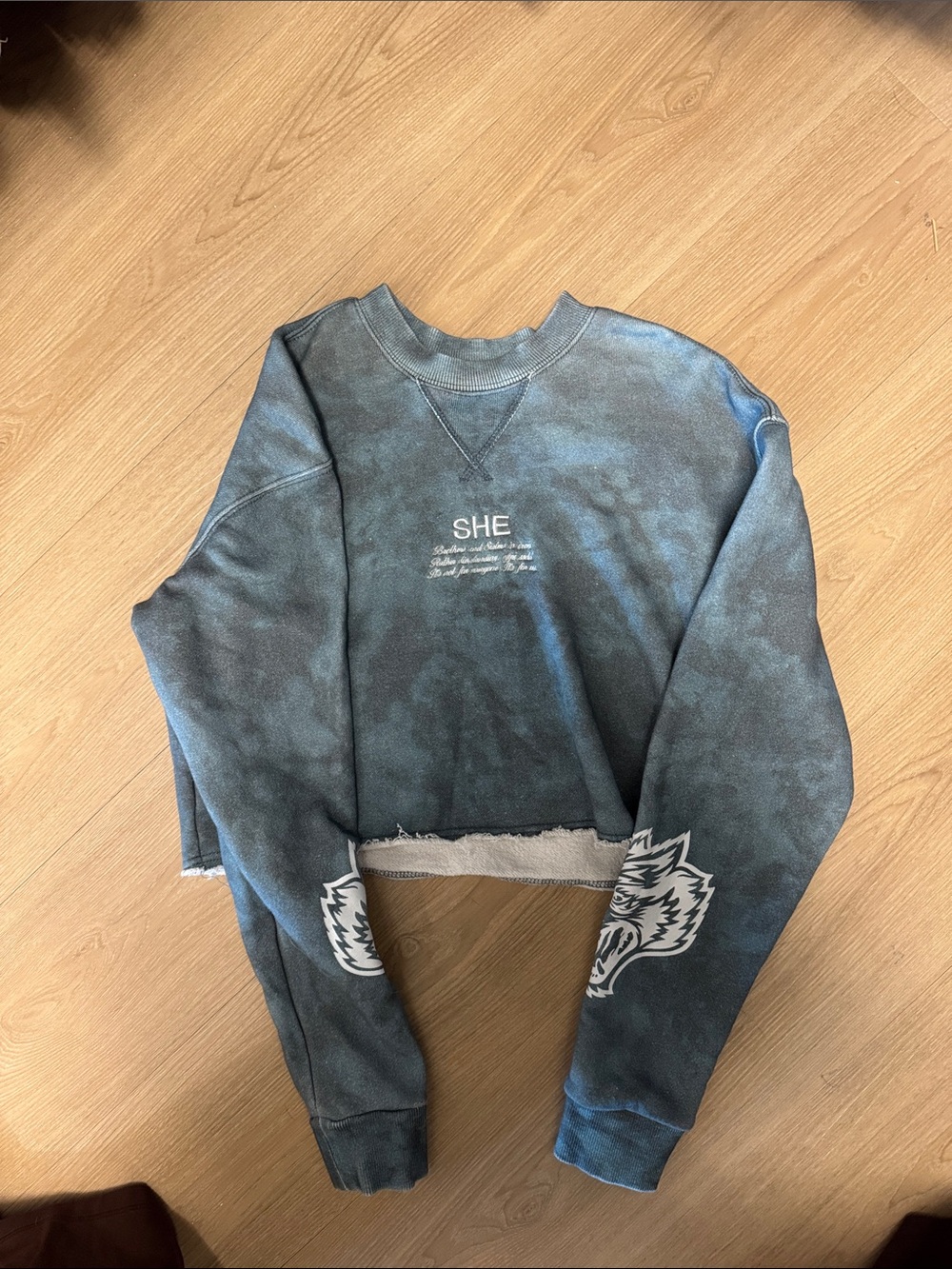 Darc Sport Blue-Gray Cropped Distressed Crewneck Sweater